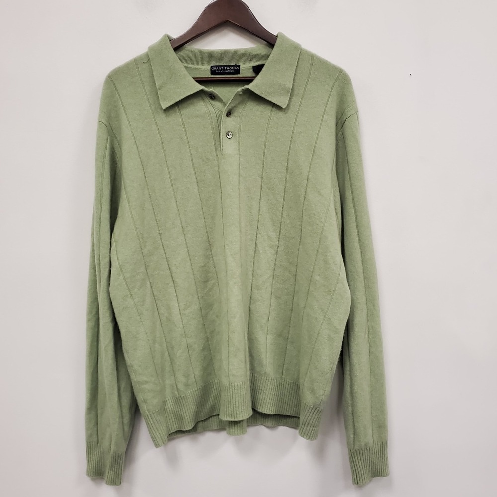 Grant Thomas‎ Mens Cashmere Polo Sweater Size XL Spring Green Old Money Hamptons